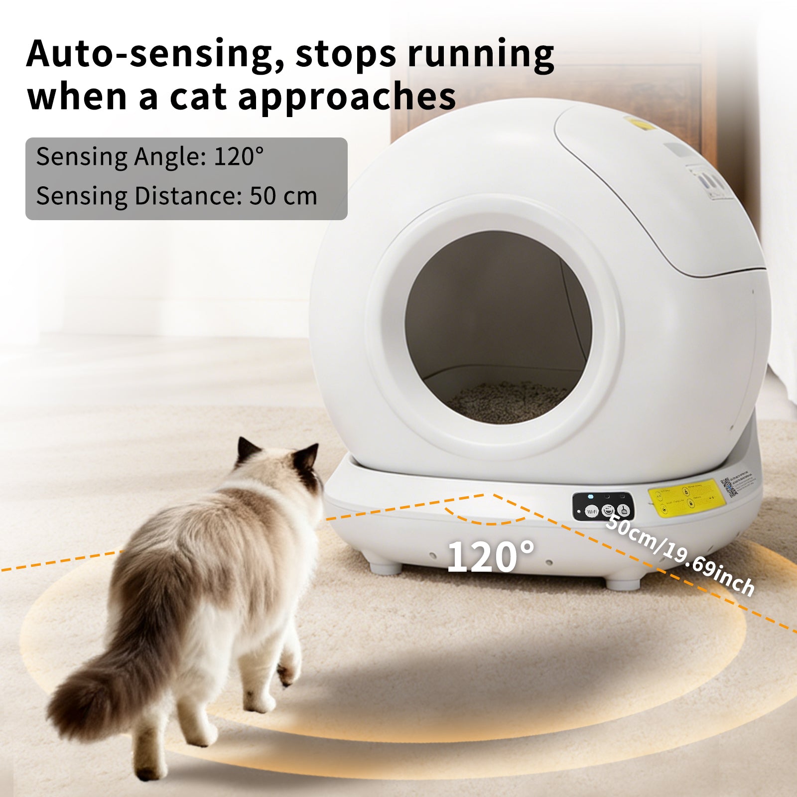 WiFi connected self-cleaning kitty litter box showcasing digital health tracking metrics